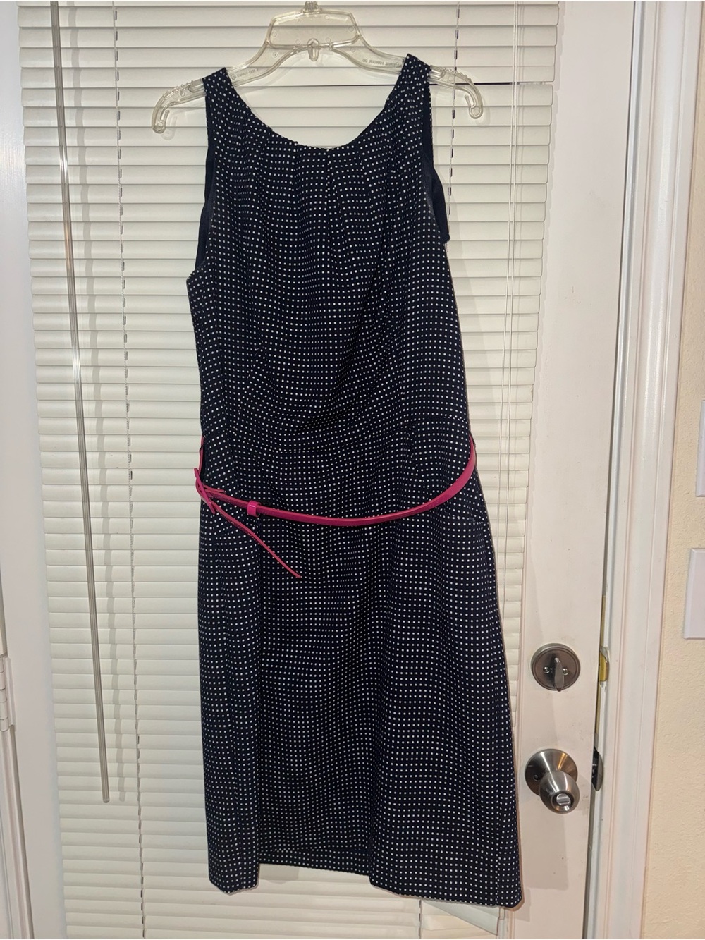 Sleeveless Navy Polka Dot Dress with Pink Belt